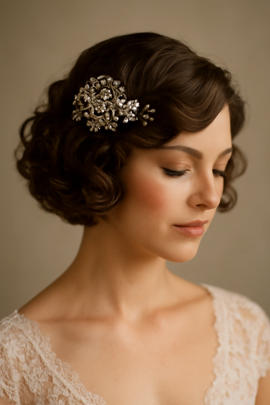 Short curls with a vintage jeweled hairpiece on one side