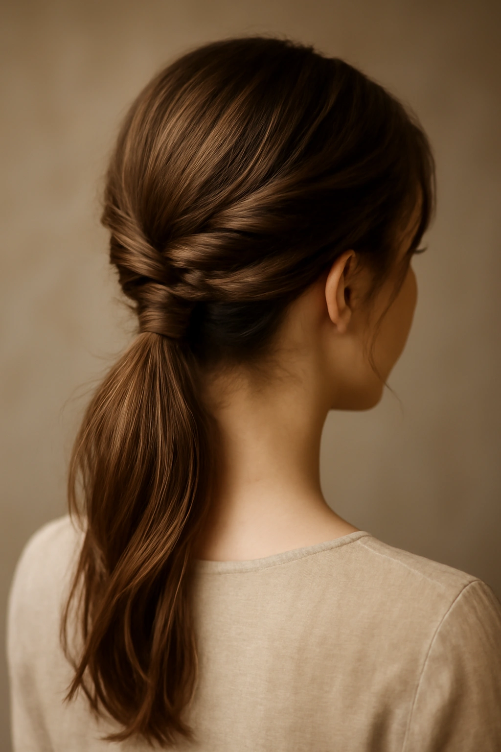 Low ponytail at nape with wrapped base and textured twists