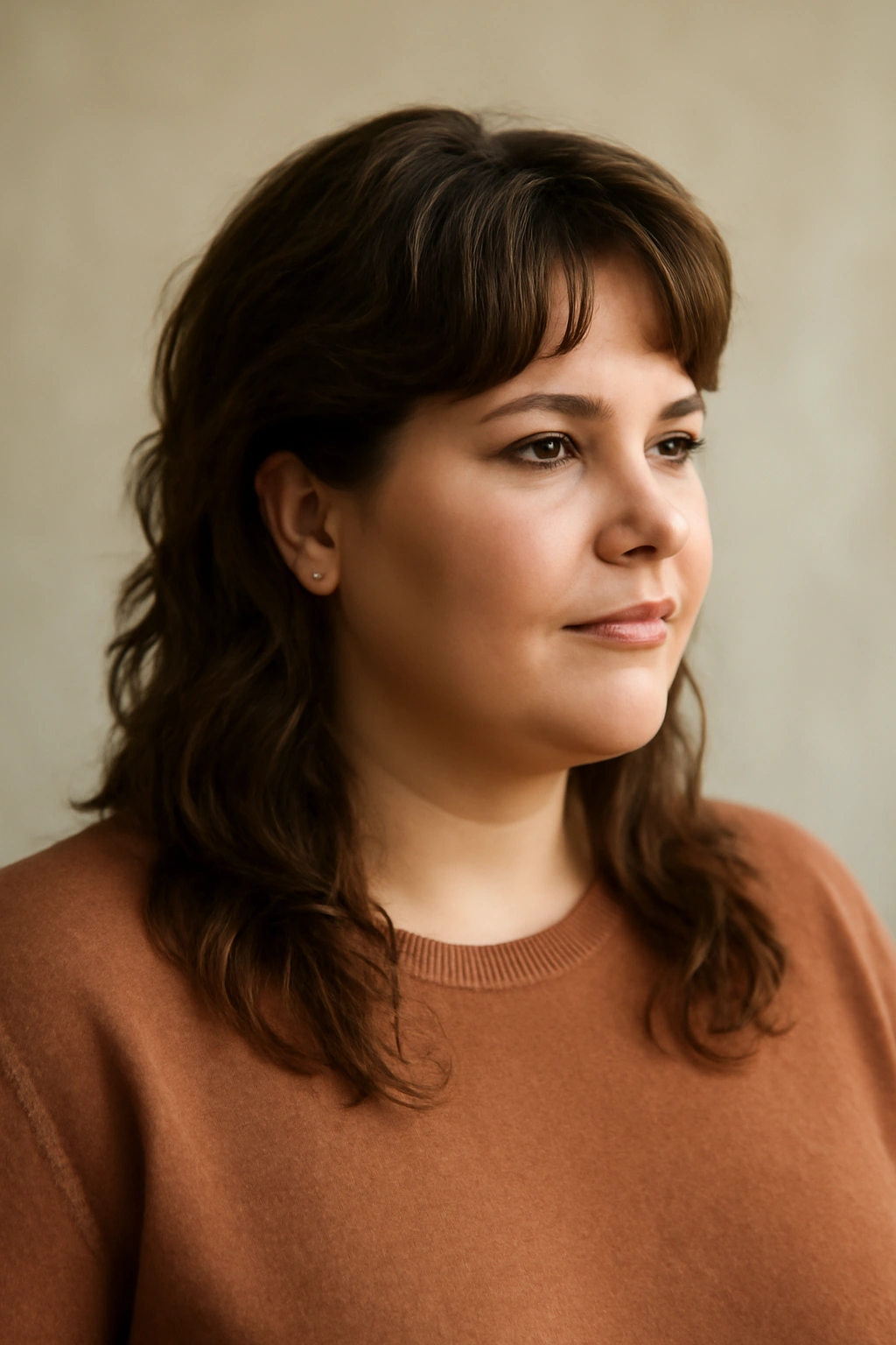 Plus-size woman with romantic mullet featuring soft waves and longer front