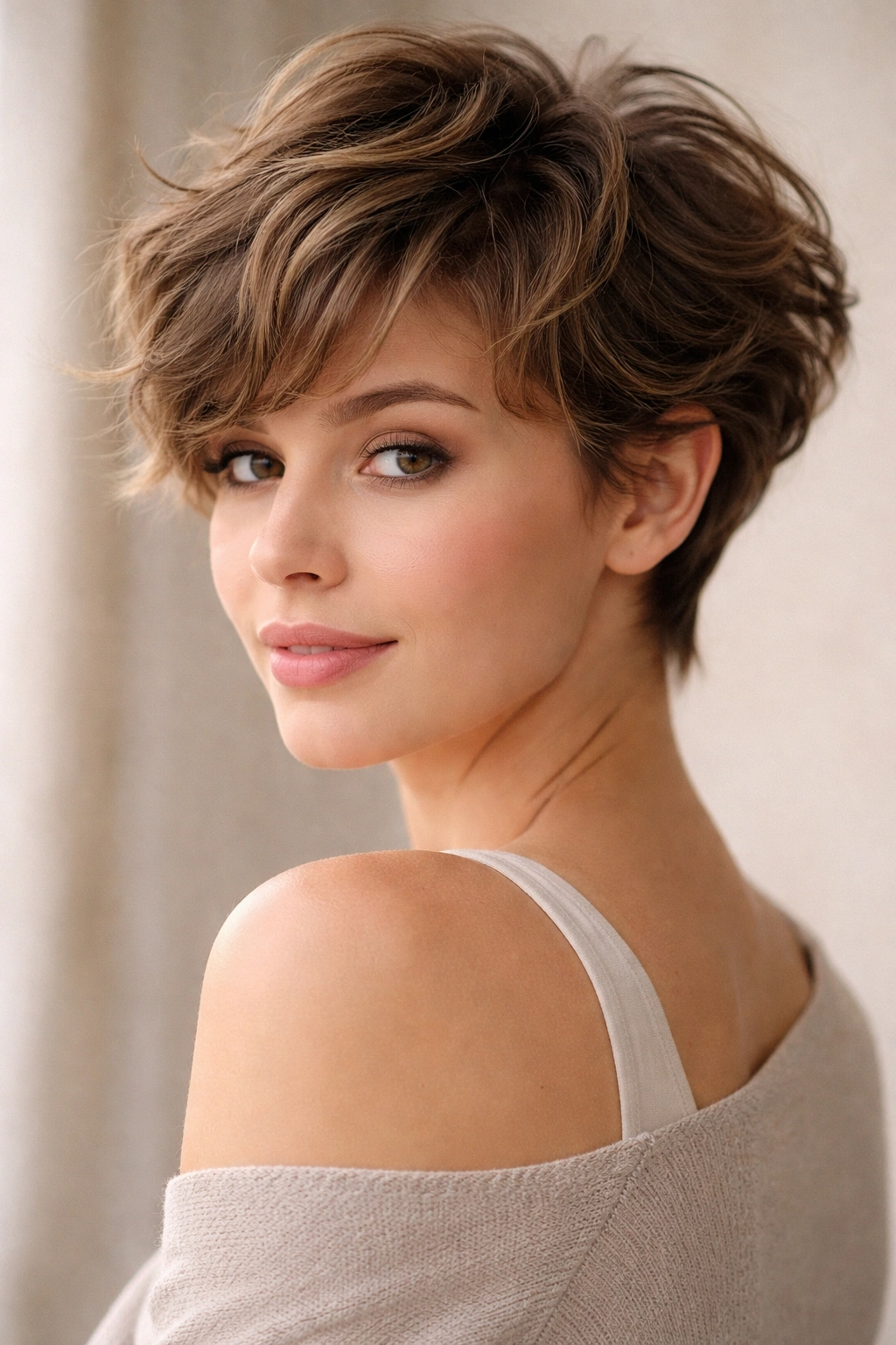 Model with romantic wavy pixie hair in a soft studio setting