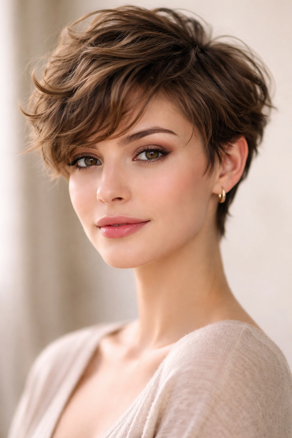 Romantic wavy pixie hairstyle with soft waves on top