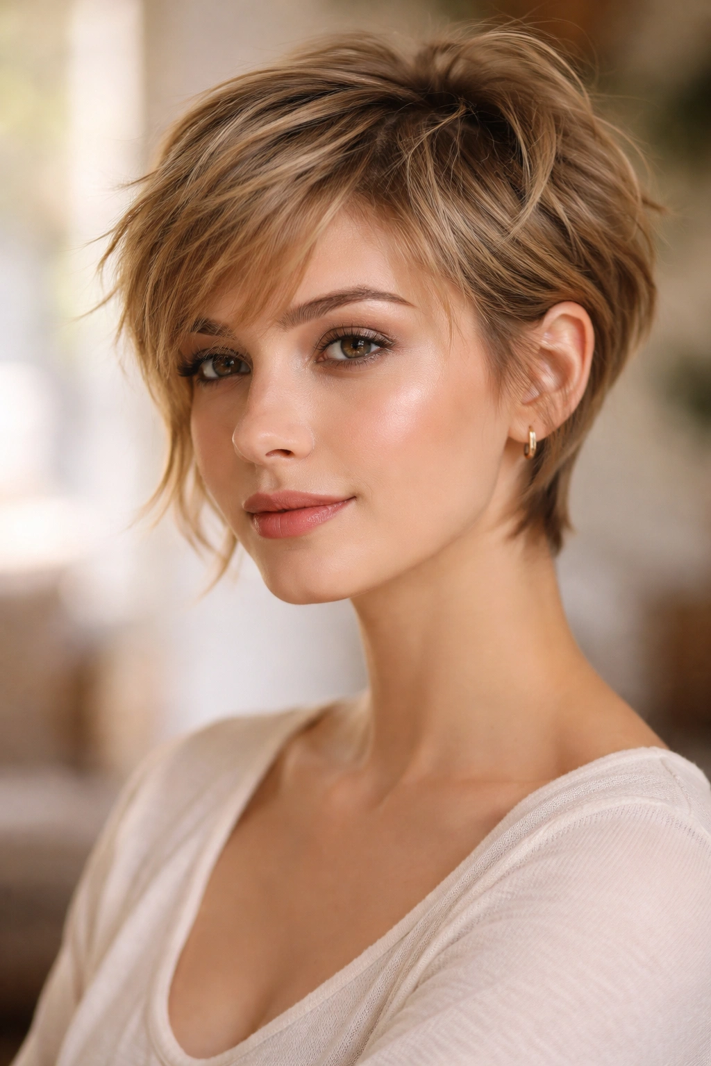 Soft wispy textured pixie on a heart-shaped face with jawline emphasis.