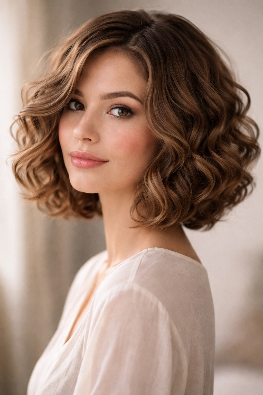 Romantic ringlet bob with soft angle and loose curls