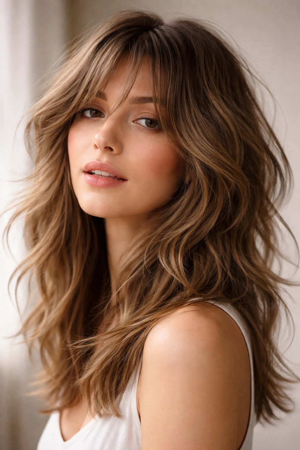 Close-up of hair in a Tousled Romantic Shag with soft blended layers and flowing waves