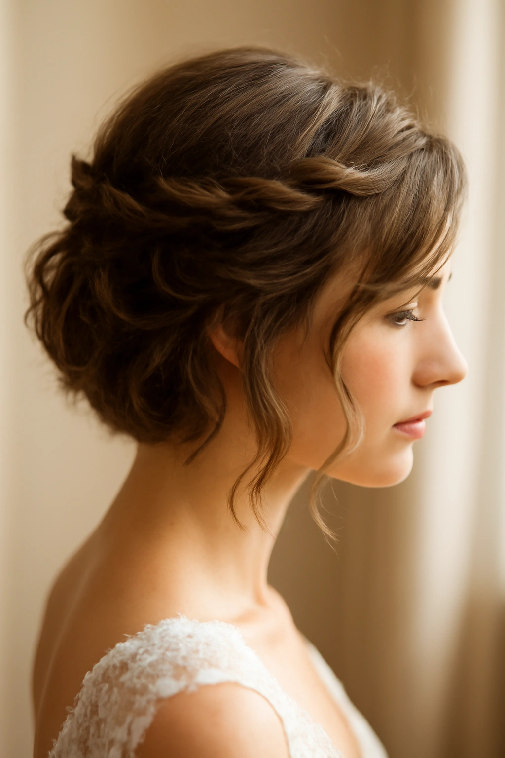 Romantic twisted crown with flyaway softness on short hair.