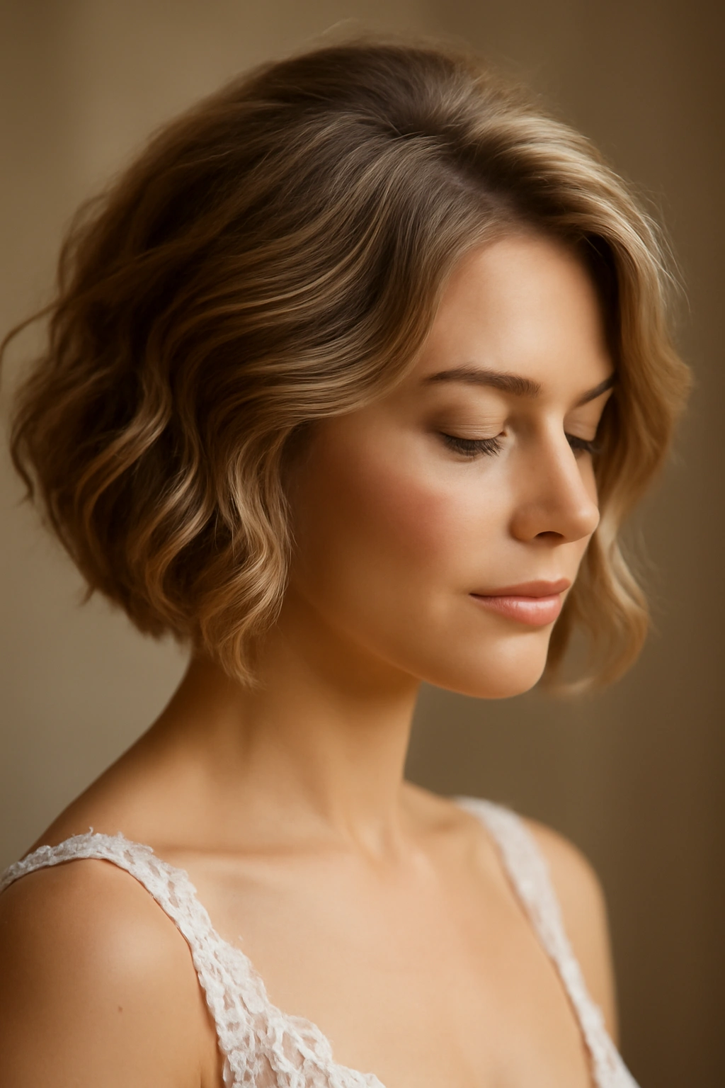 Close-up of a bob with romantic waves and crown-volume styling for a wedding look
