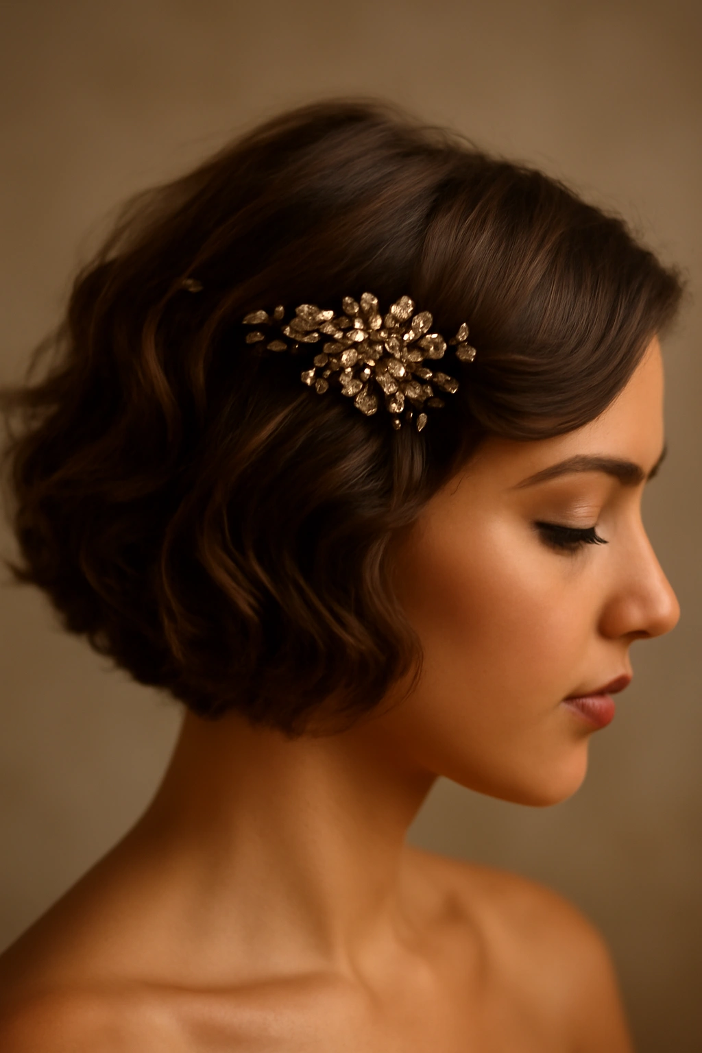Close-up of soft romantic waves in short hair with a decorative hair comb