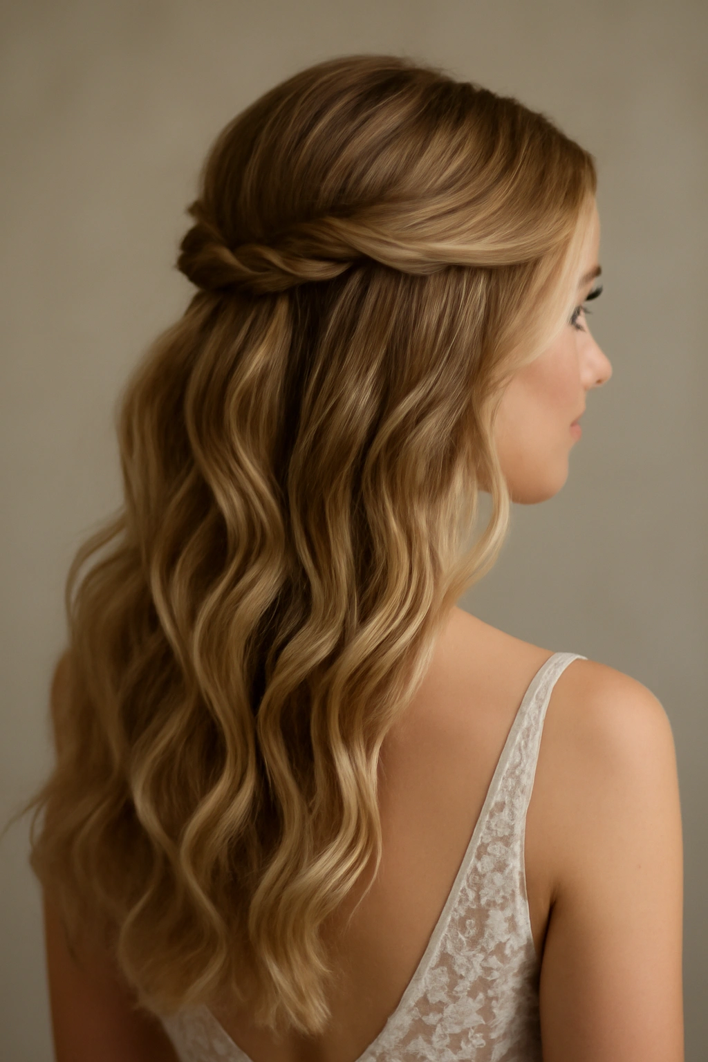 Romantic waves with half-up twists pulling hair away from the face