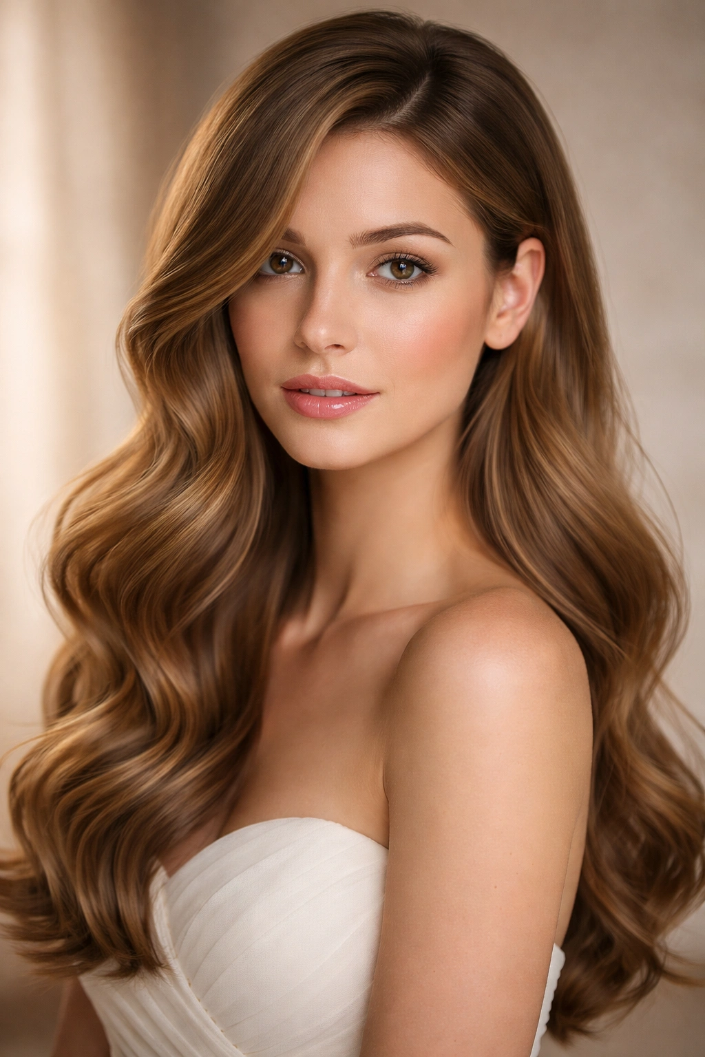 Long hair with loose soft waves and a romantic side part