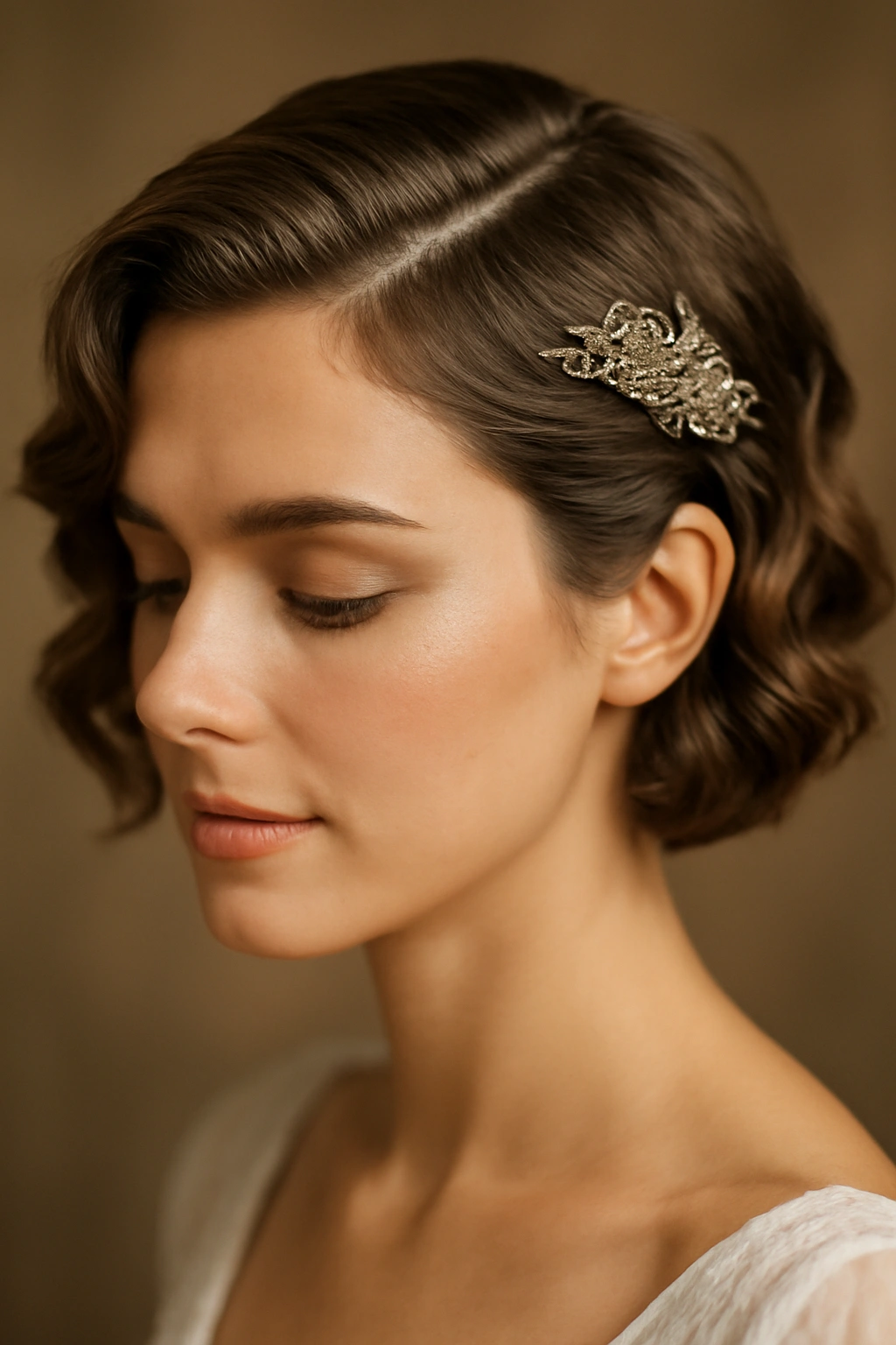 Close-up of soft waves with a vintage comb tucked to the side.