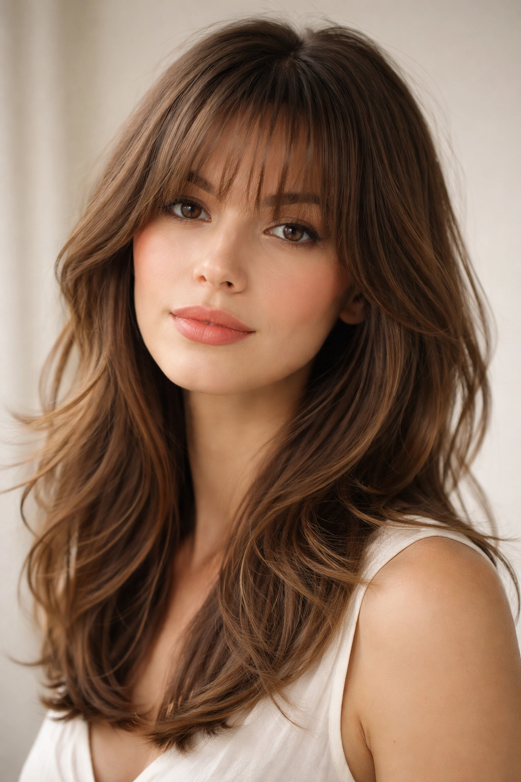 Romantic wispy bangs with face-framing layers creating soft, cascading texture.