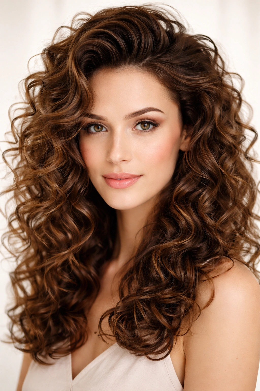Crown-volume curls creating lift at the roots to shorten a long face.