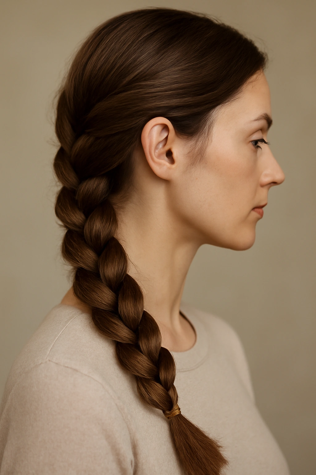 Rope braid twisted over the shoulder, neat and structured