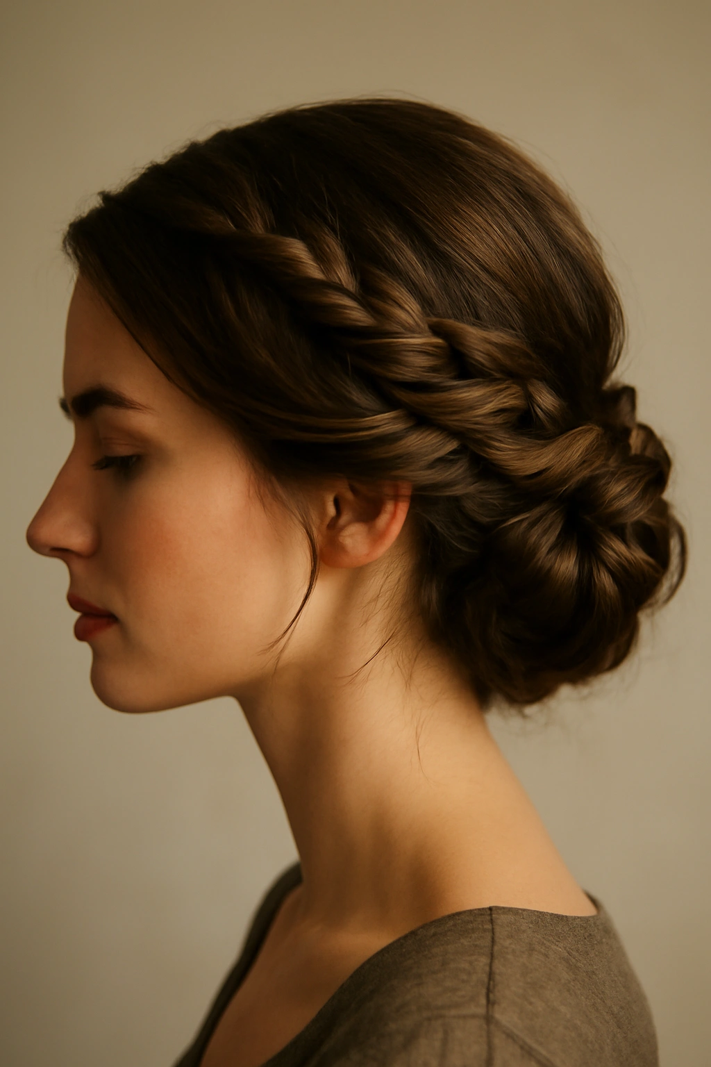 Side profile of a rope braid sweeping across the head into a low bun.