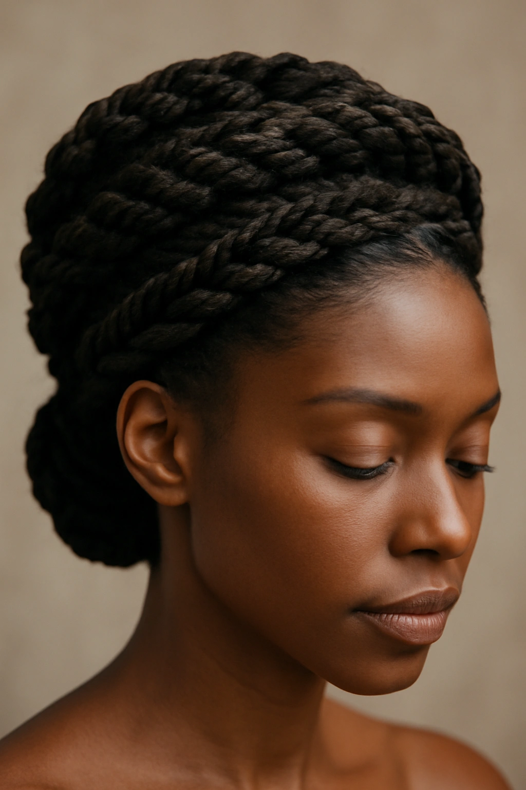Intricate crown of twisted rope braids around the head