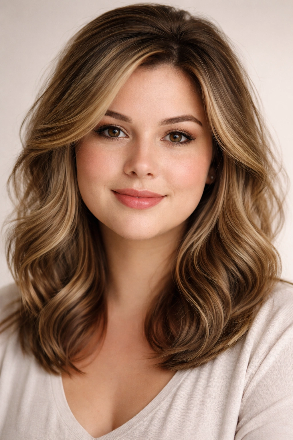Portrait of a person with a round face featuring crown-height hair and textured waves to flatter facial shape