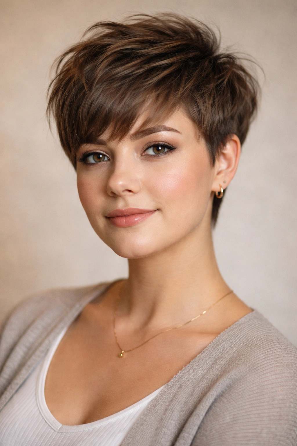 Portrait of a round-faced person with a textured, elongating pixie