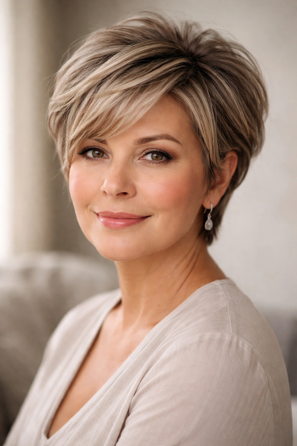 Portrait of a round-faced woman with crown-volume short haircut and layered texture
