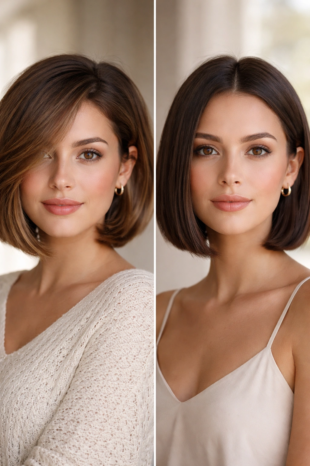 Duo of round and oval face silhouettes with chin-length hair for definition.