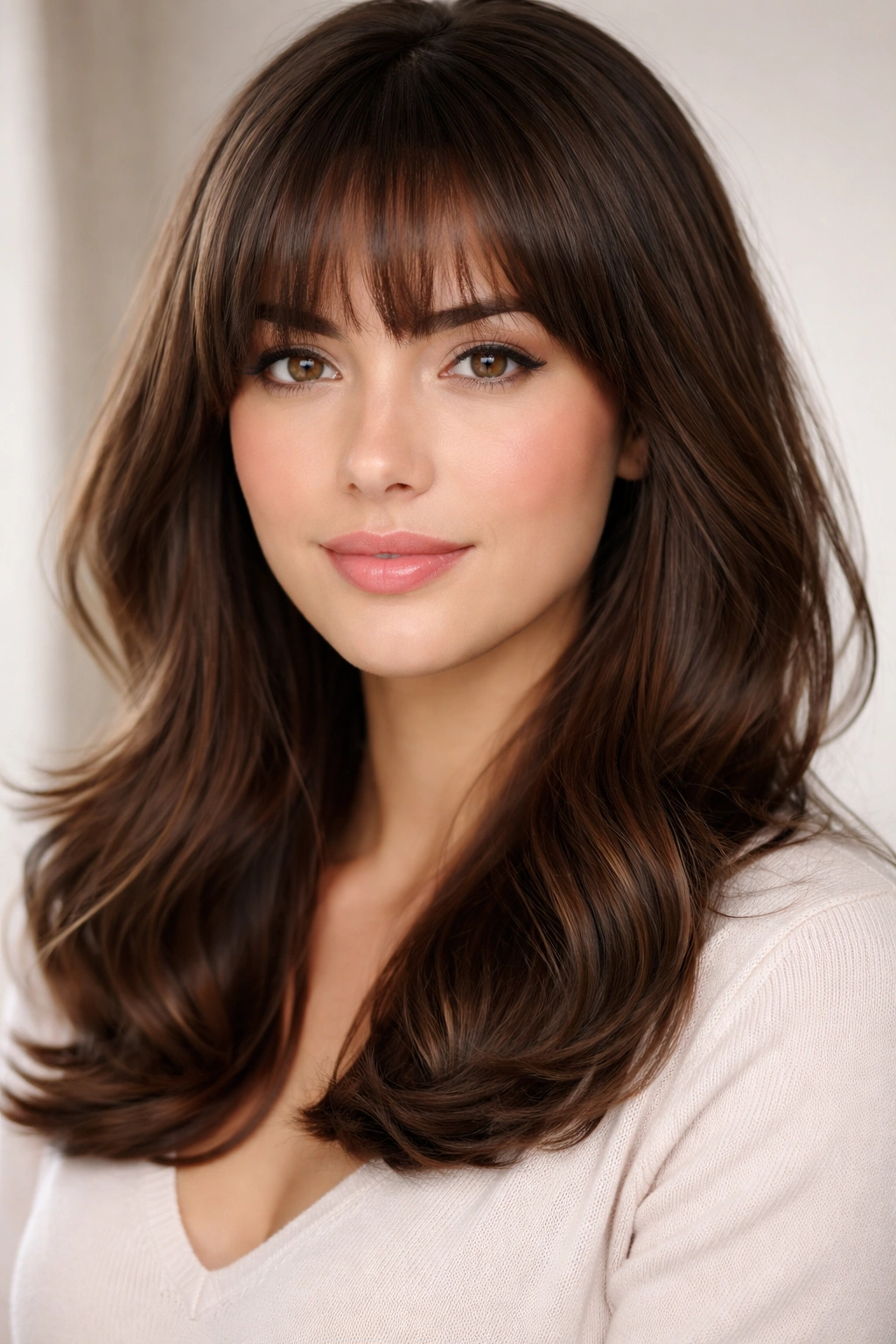 Rounded bangs curved across the forehead on medium-length hair