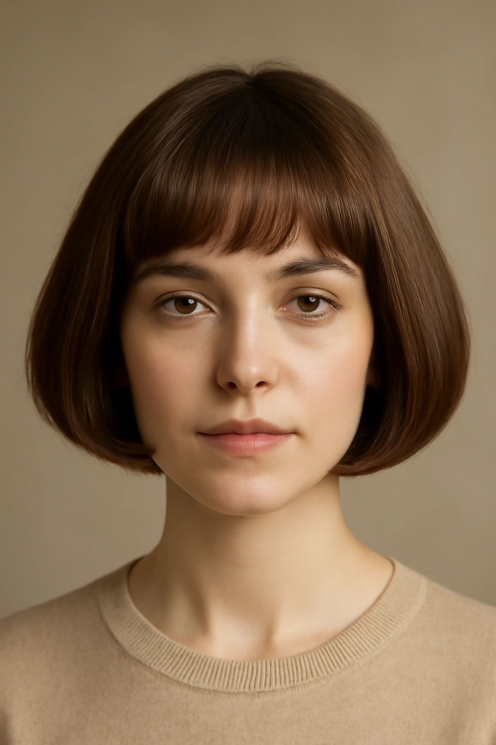 Portrait of a person with a rounded bob and curved bangs framing the face.