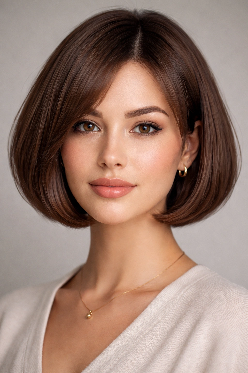 Rounded bob hairstyle on a diamond-faced model highlighting jawline fullness
