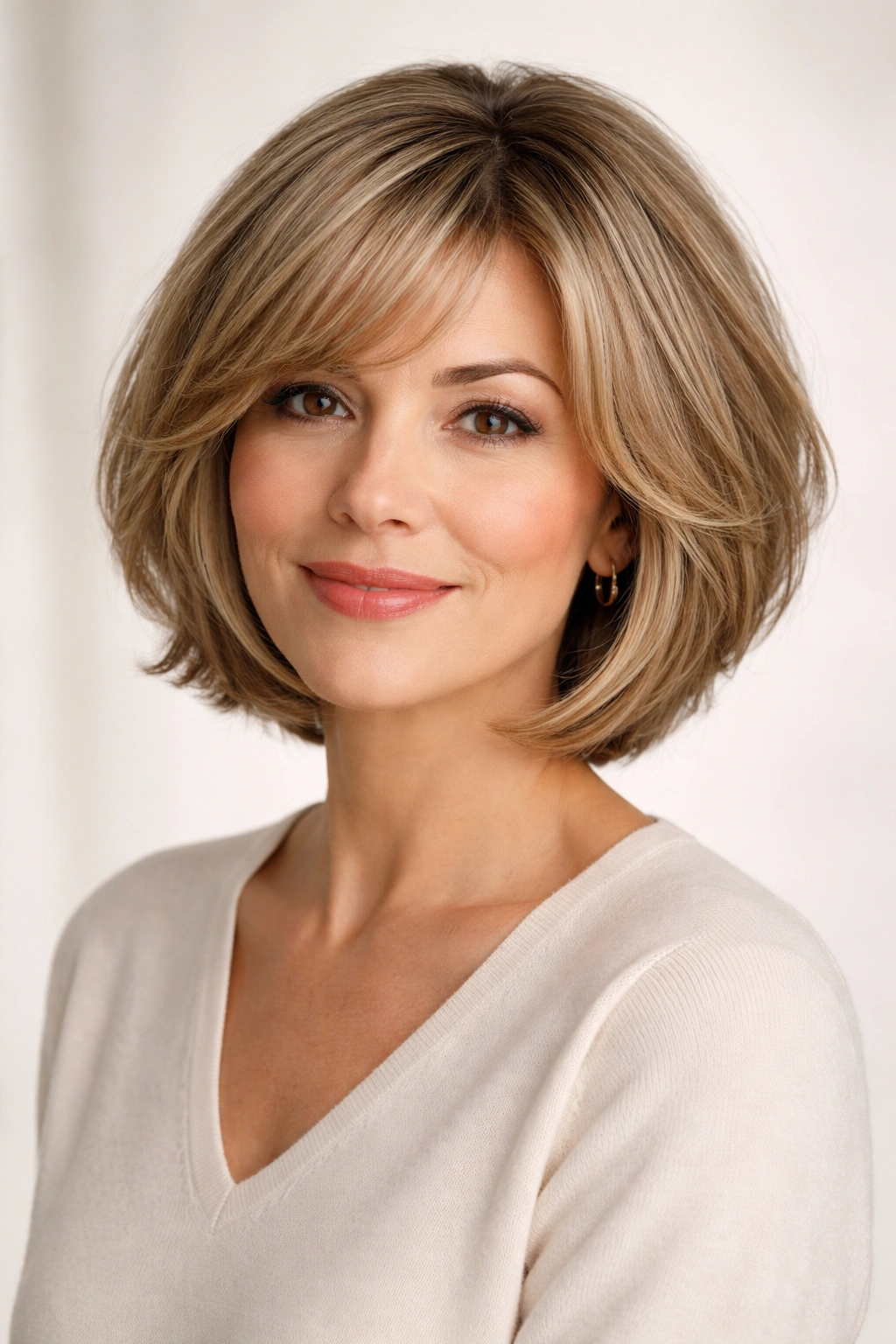 Portrait of a woman with a rounded bob with feathered layers and soft waves.