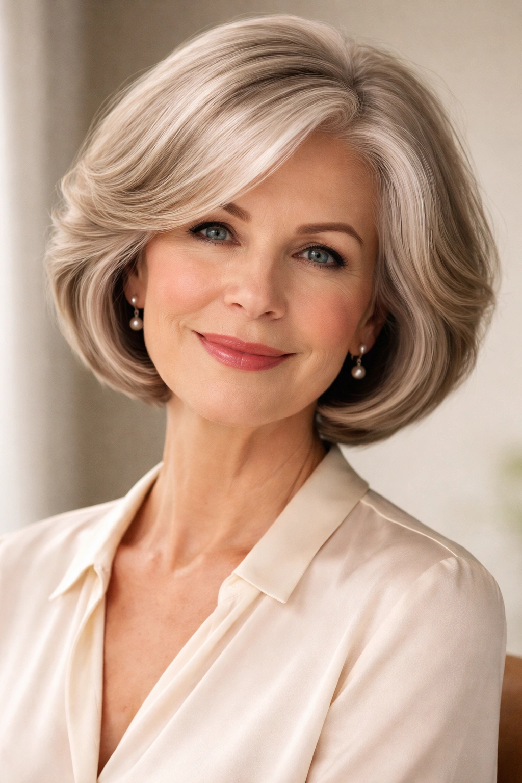 Rounded bob framing a heart-shaped face with side fullness and soft edges.