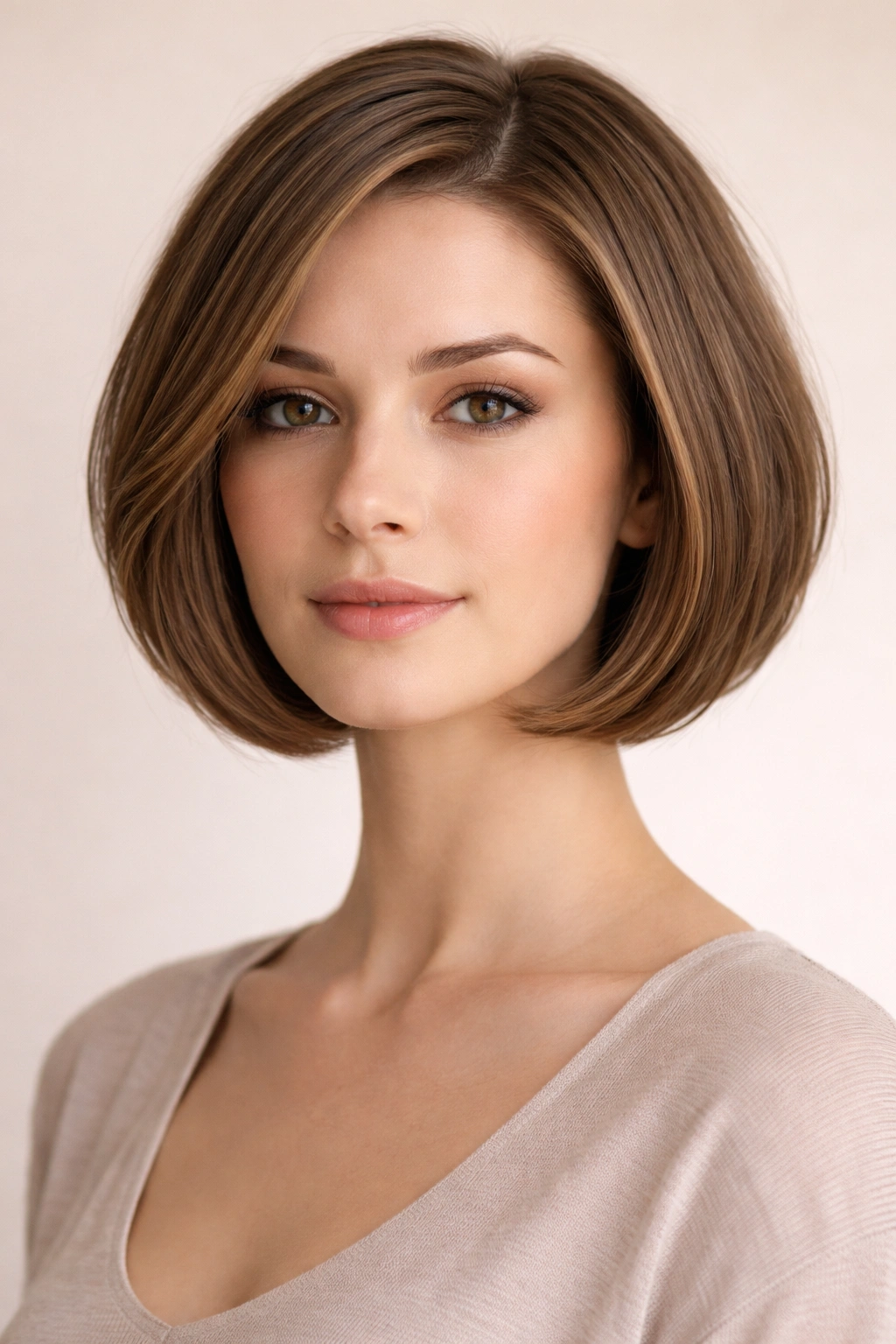 Rounded bob with no bangs curving around the jawline