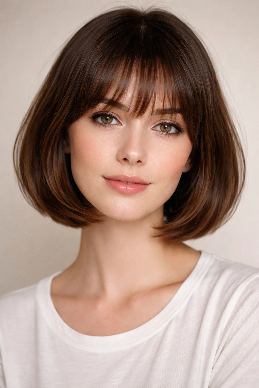 Portrait of a model with rounded bob and soft bangs for long oval faces