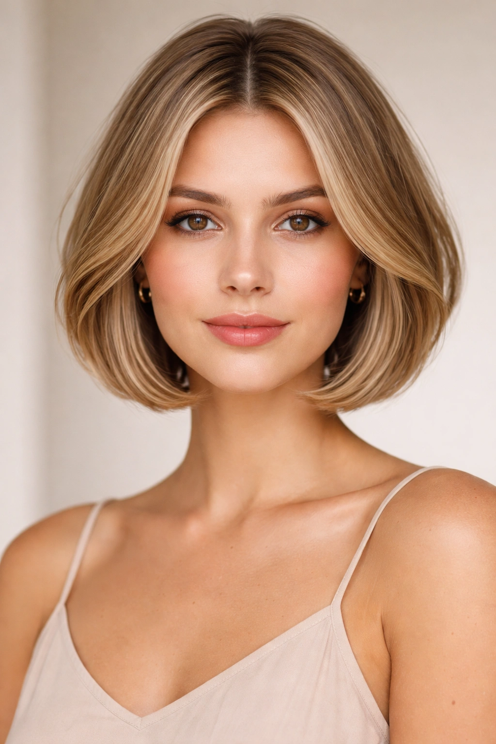 Close-up of a rounded bob with soft layers and a middle part.