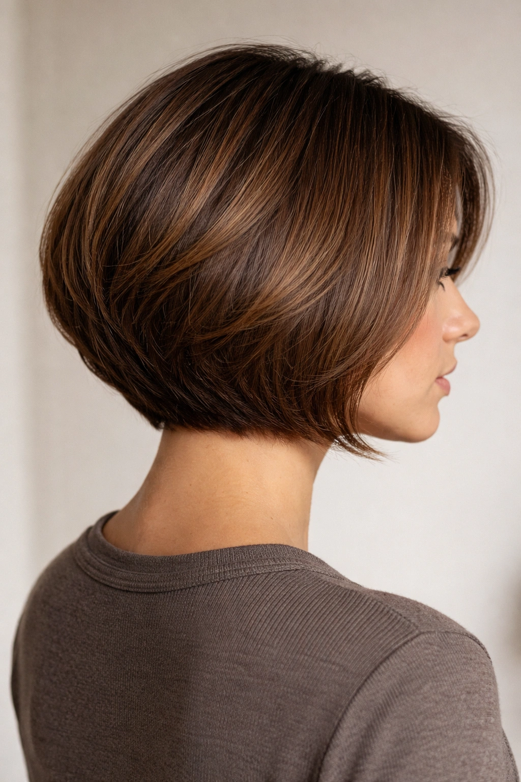 Close-up of rounded bob with stacked layers hairstyle
