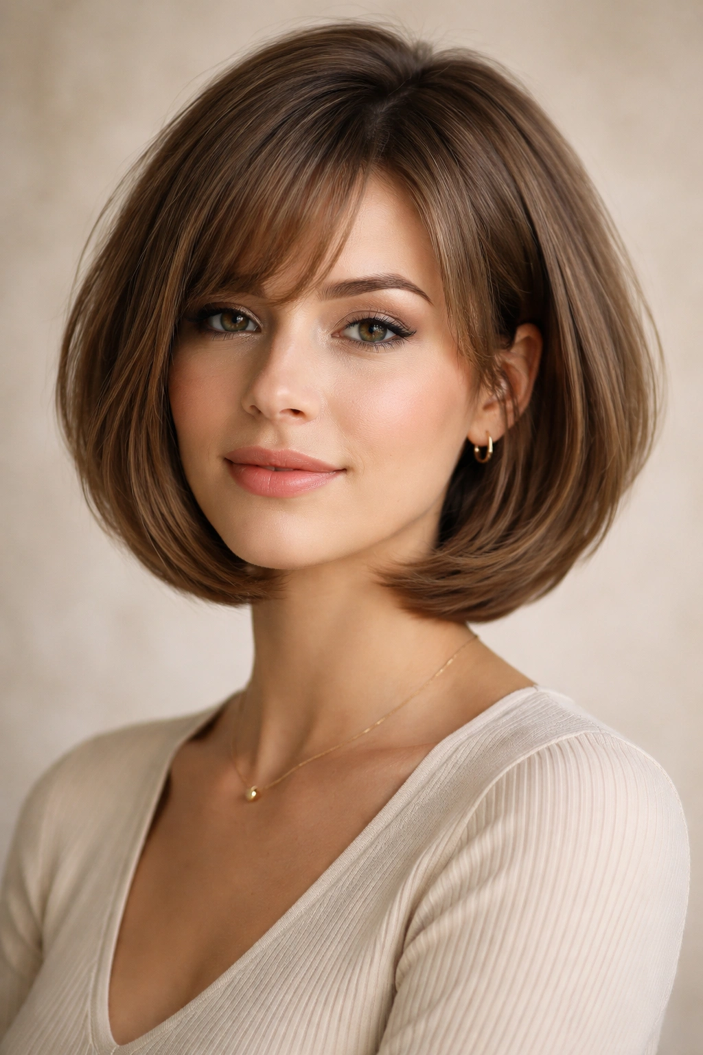 Rounded bob with subtle internal layers for crown volume