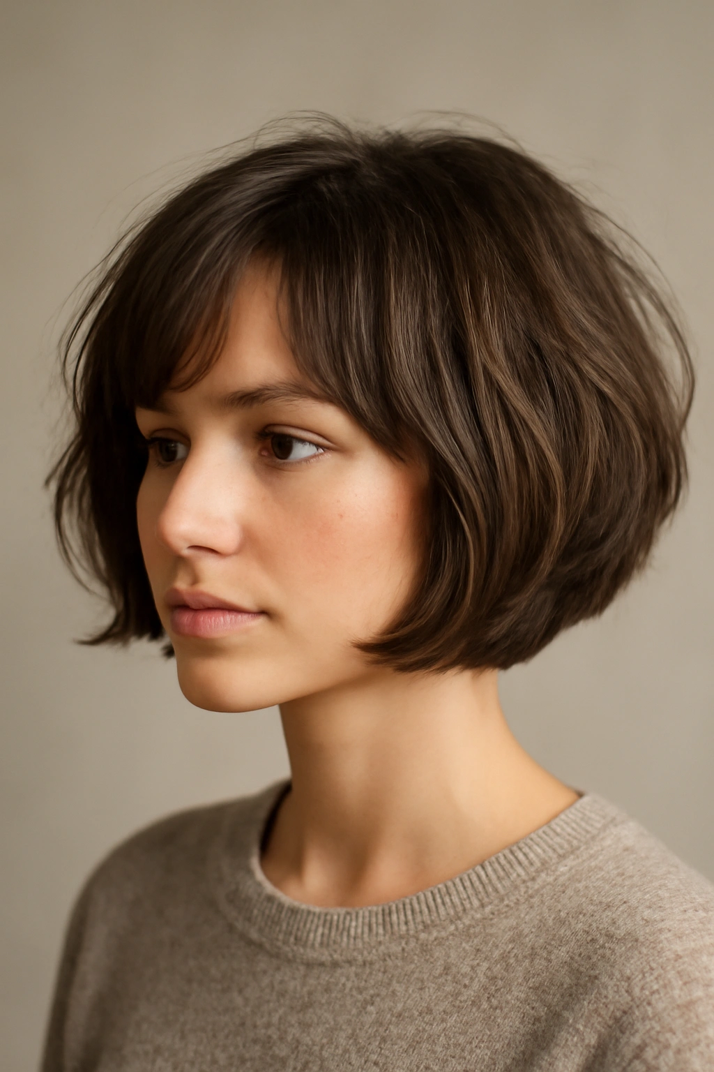 Chin-length rounded bob with soft textured layers.