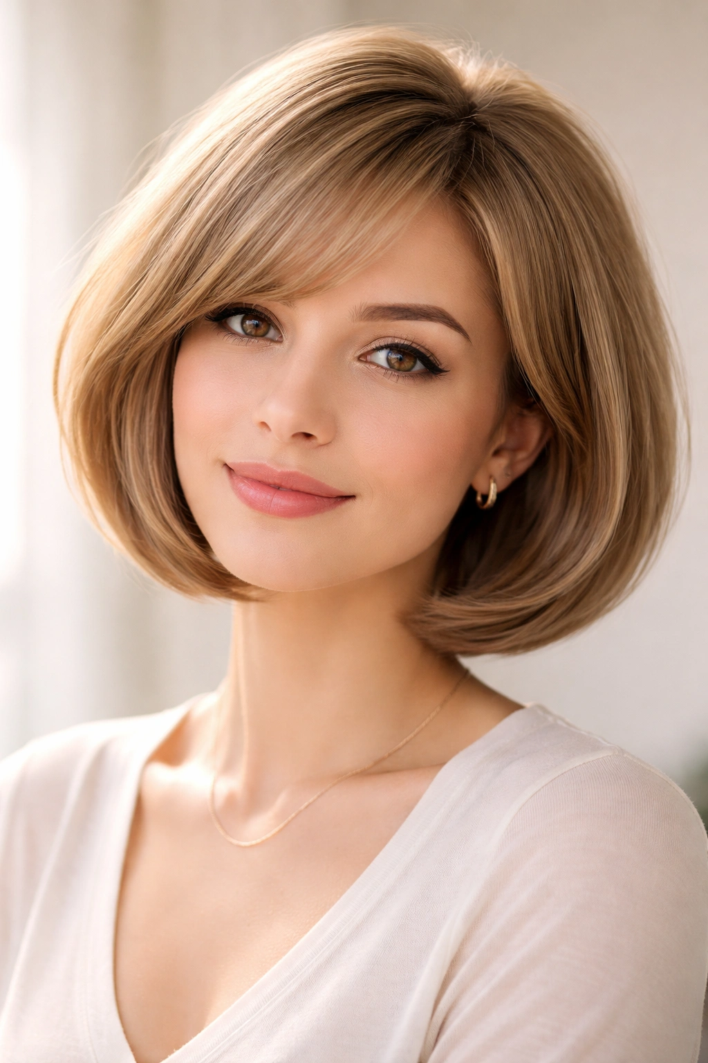 Rounded bob with crown volume and soft curved silhouette