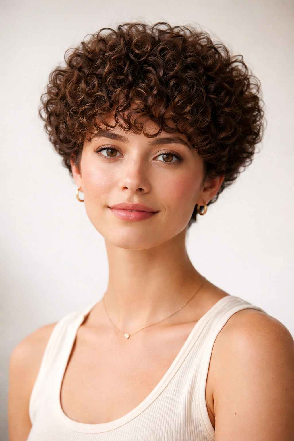 Portrait of a person with a rounded crop hairstyle showing a soft helmet-like shape.