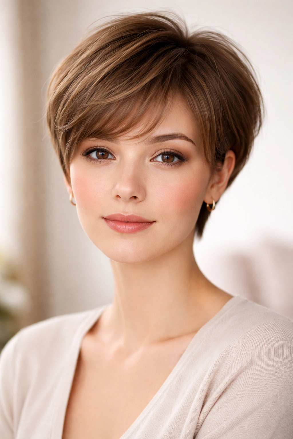 Pear-faced model in a soft rounded crop with crown lift