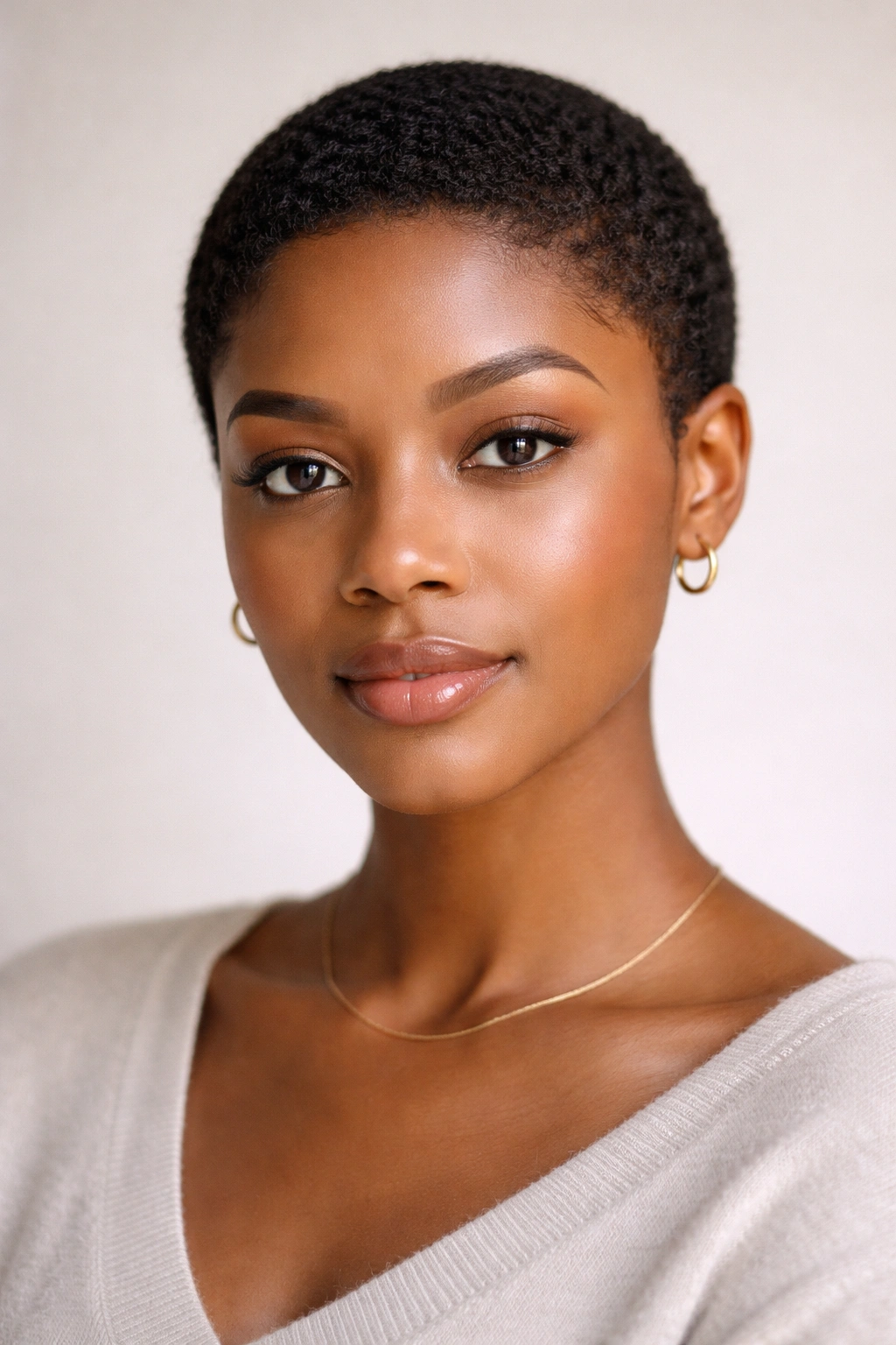 Frontal view of a short rounded crop on natural hair.