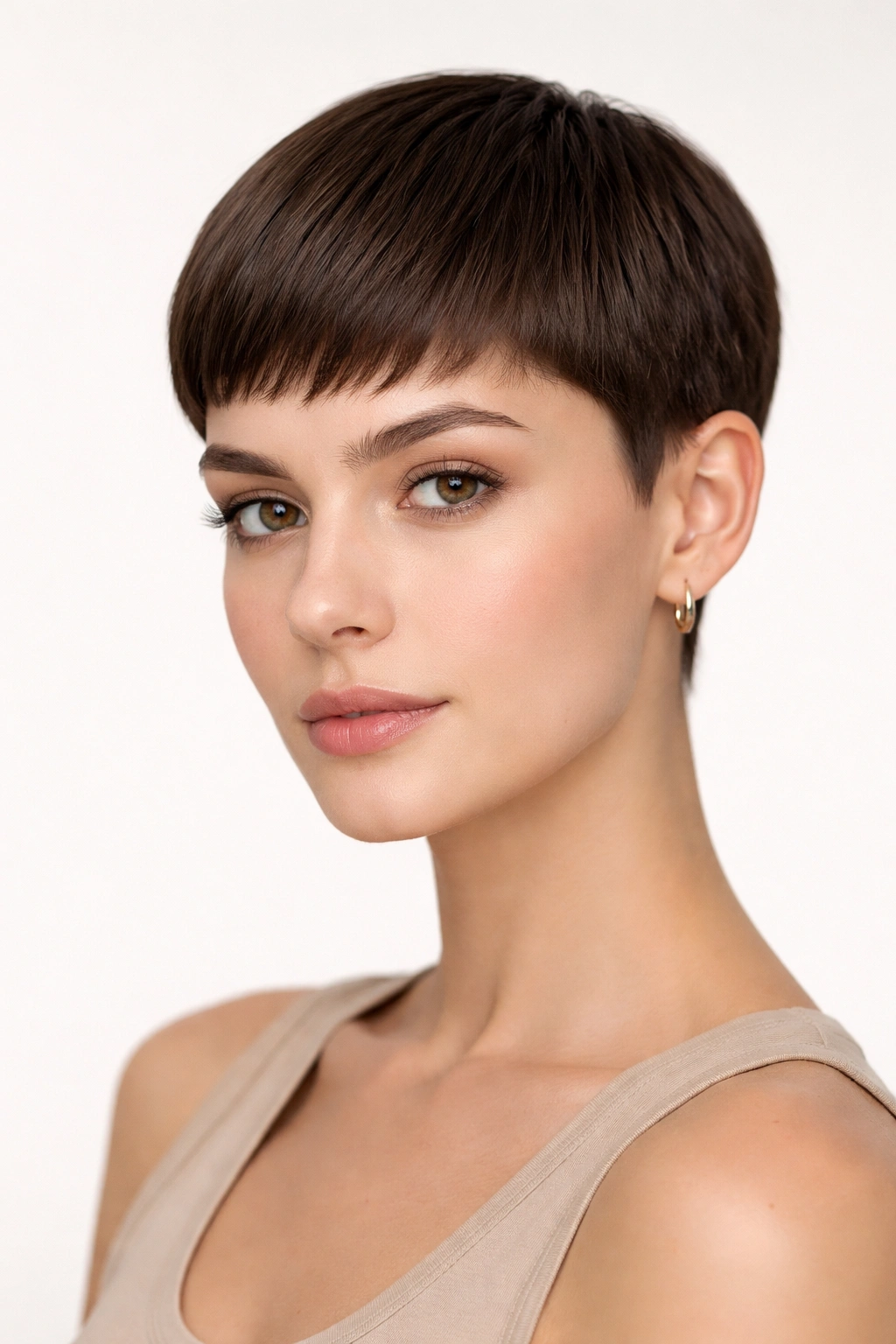 Close-up of a short rounded crop hairstyle with a soft curved silhouette