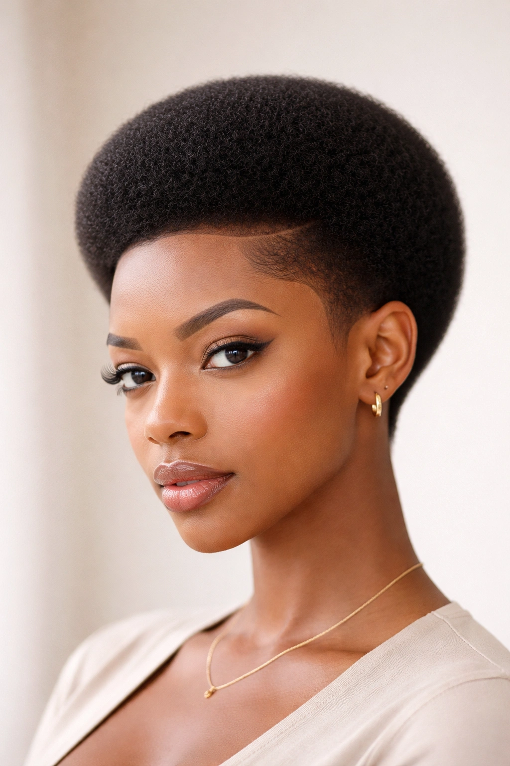 Rounded crown hairstyle with precise edges and clean hairline