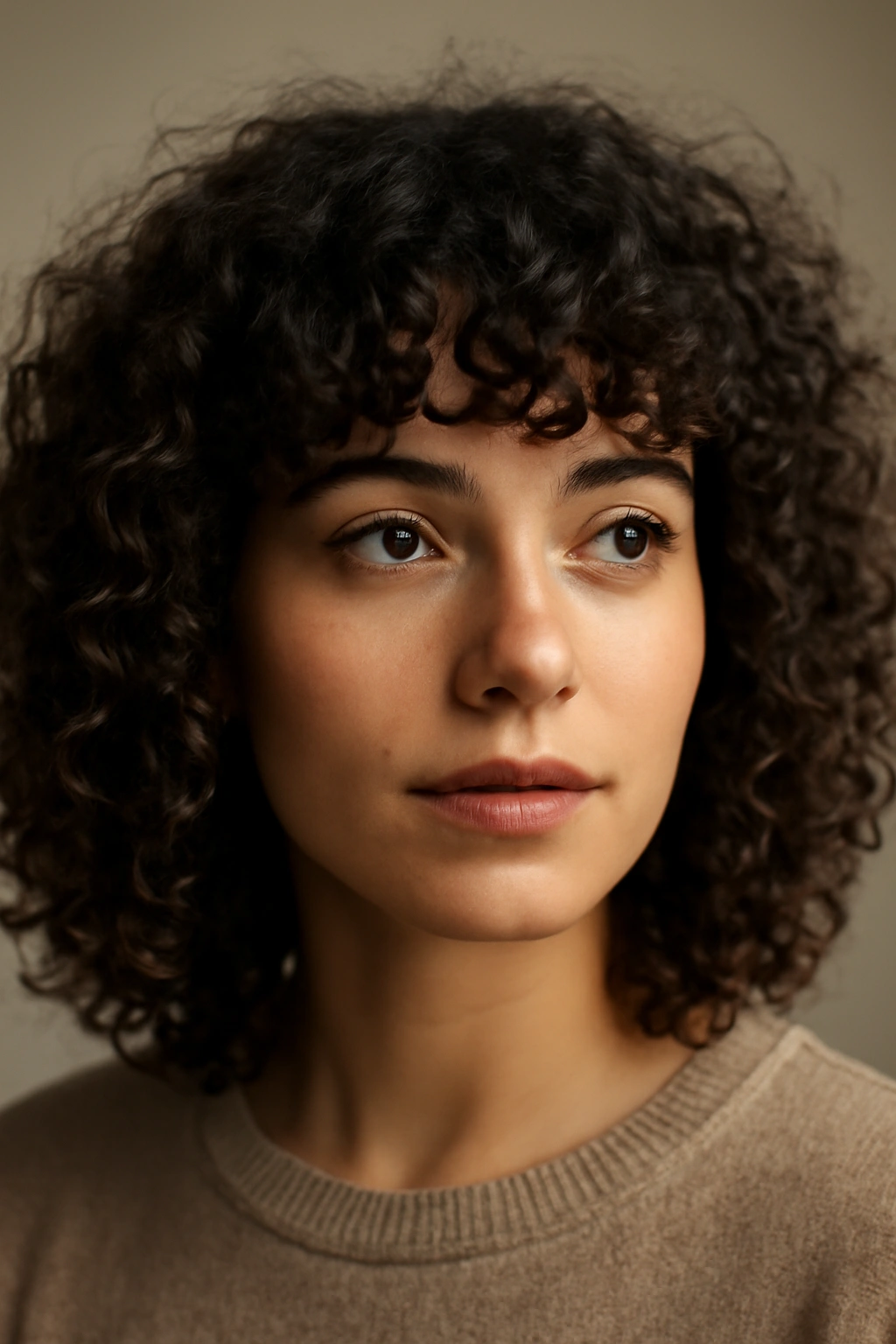 Rounded fringe following natural curl line on curly hair.