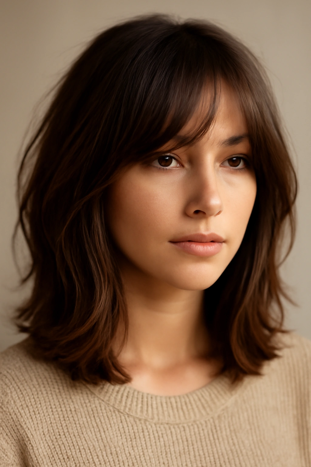 Rounded lob hairstyle with long face-framing bangs.