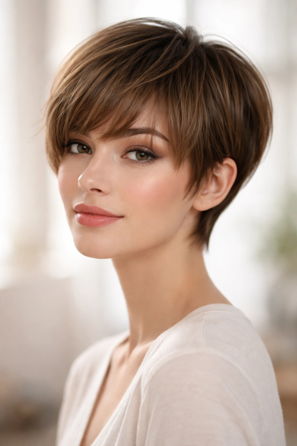 Rounded pixie with feathered soft bangs framing the face.