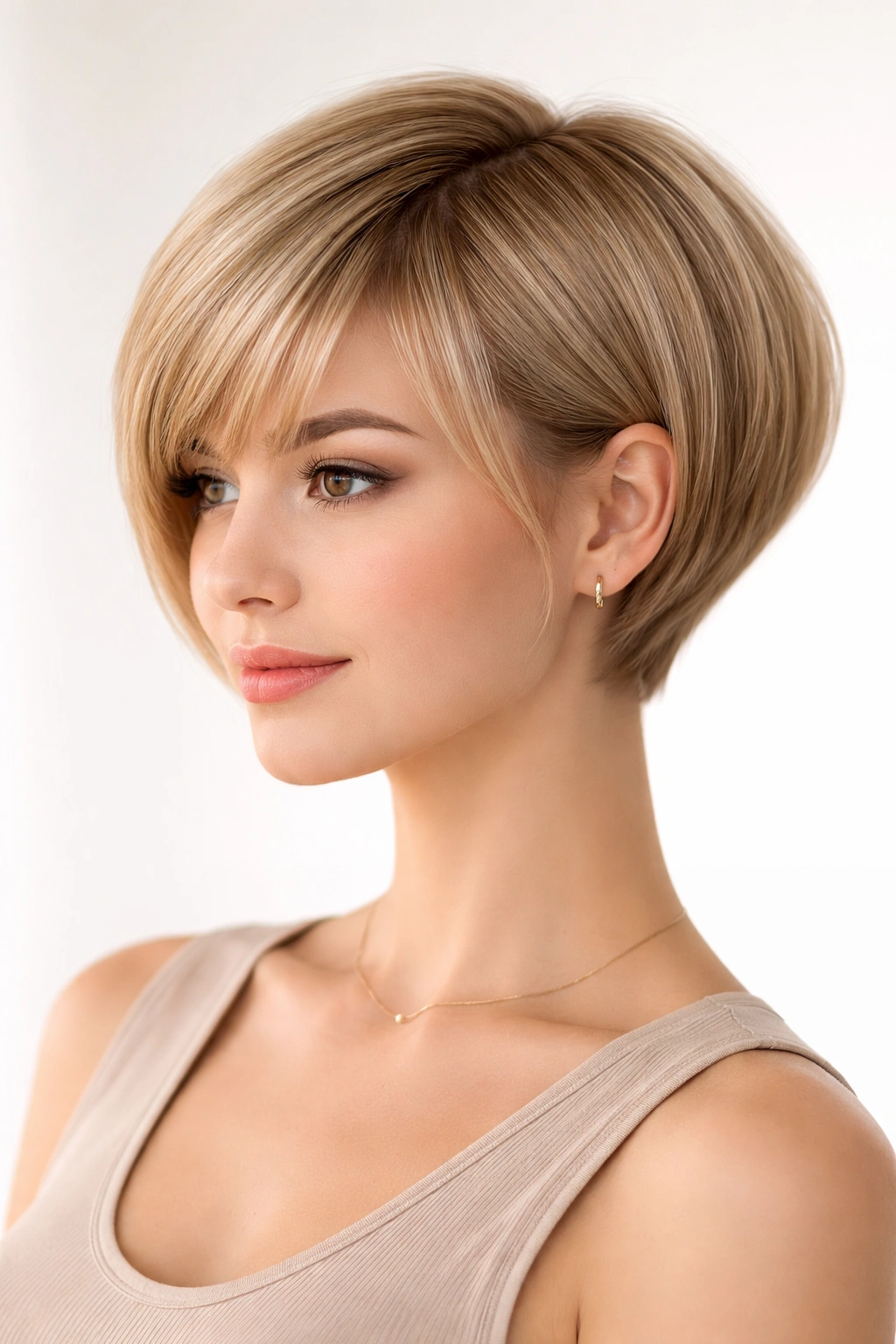Rounded pixie-bob hybrid on fine straight hair emphasizing the crown shape.