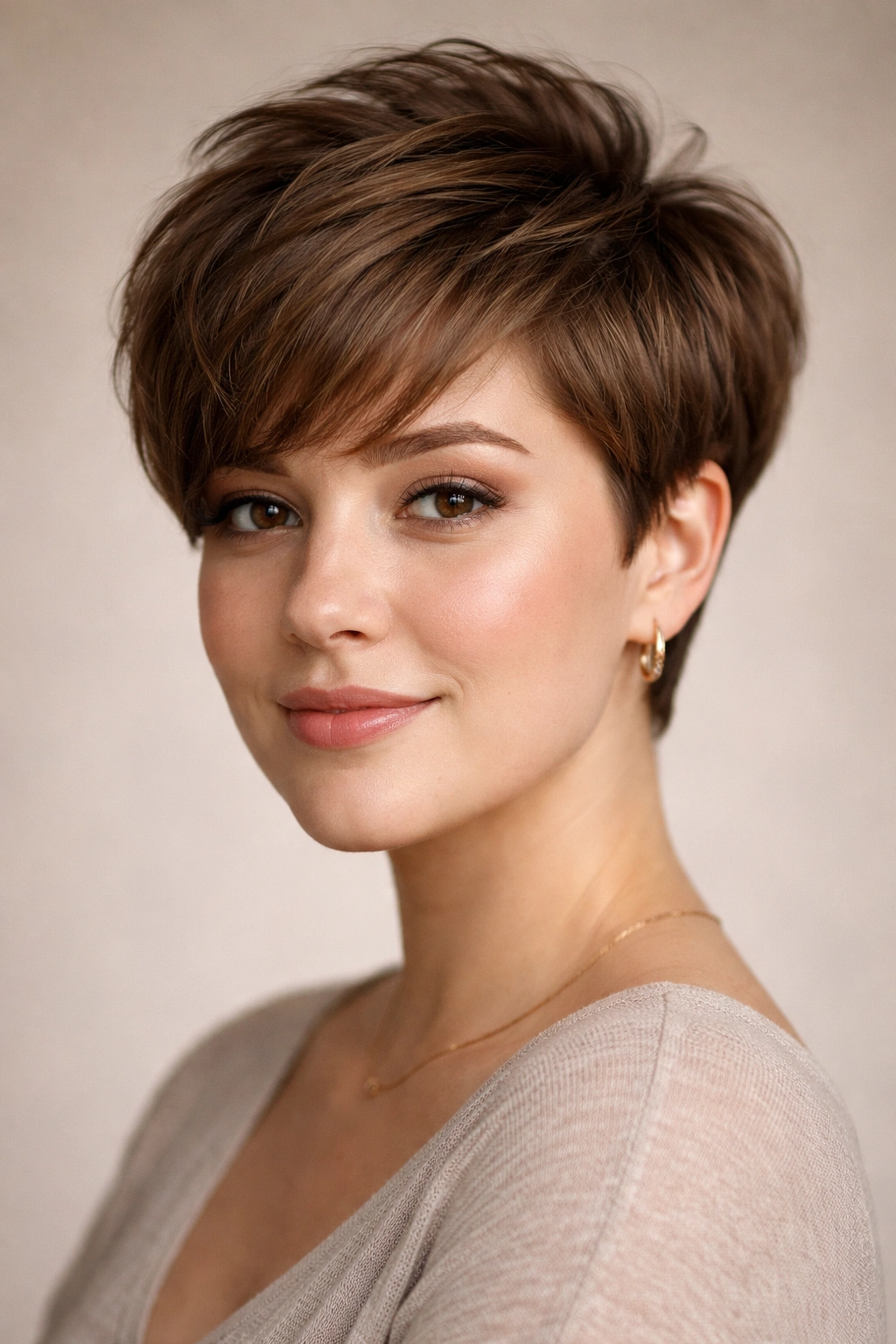 Portrait of a model with a rounded pixie adding crown height to balance a full face
