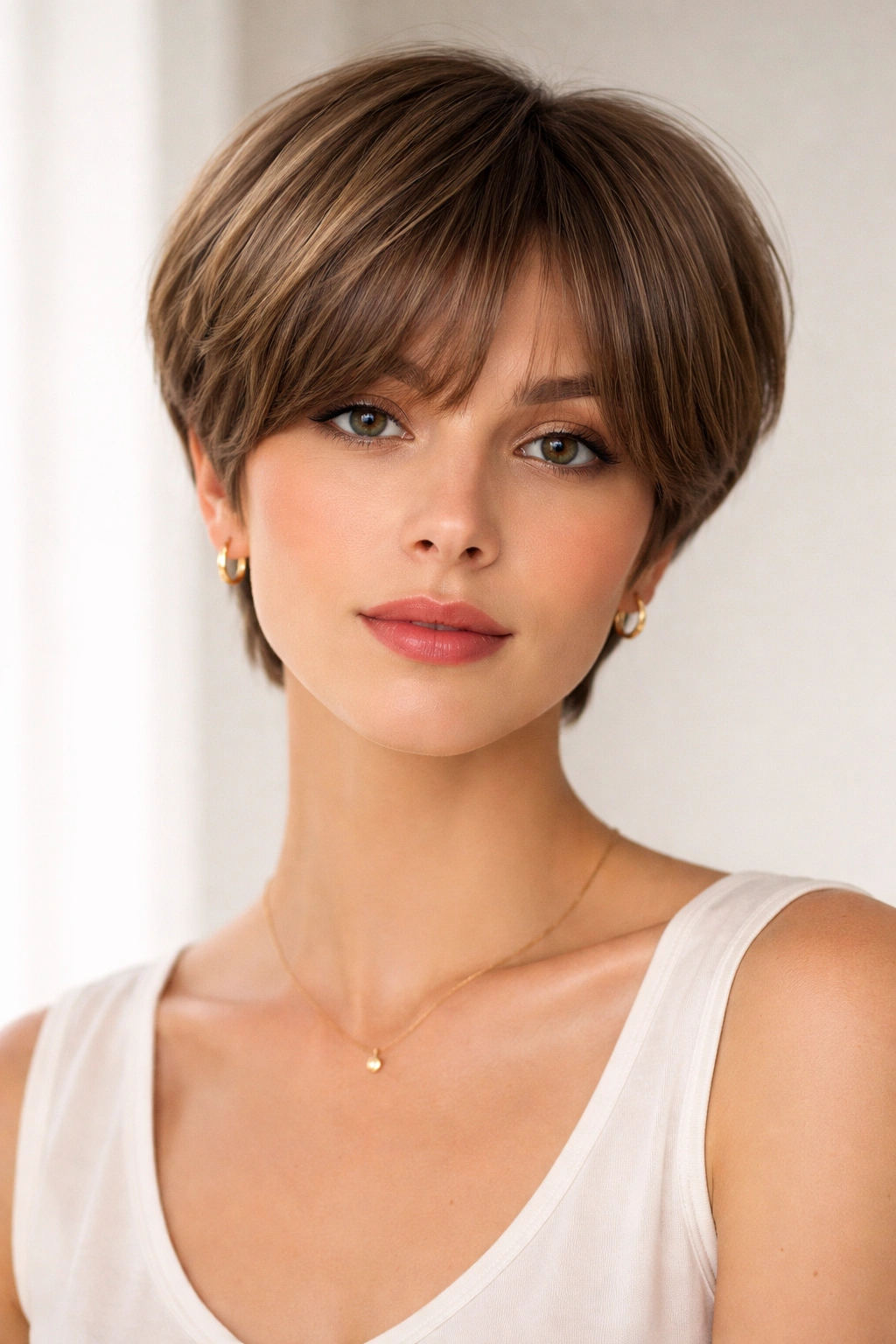 Close-up portrait of a person with a rounded pixie and soft curtain bangs in a studio