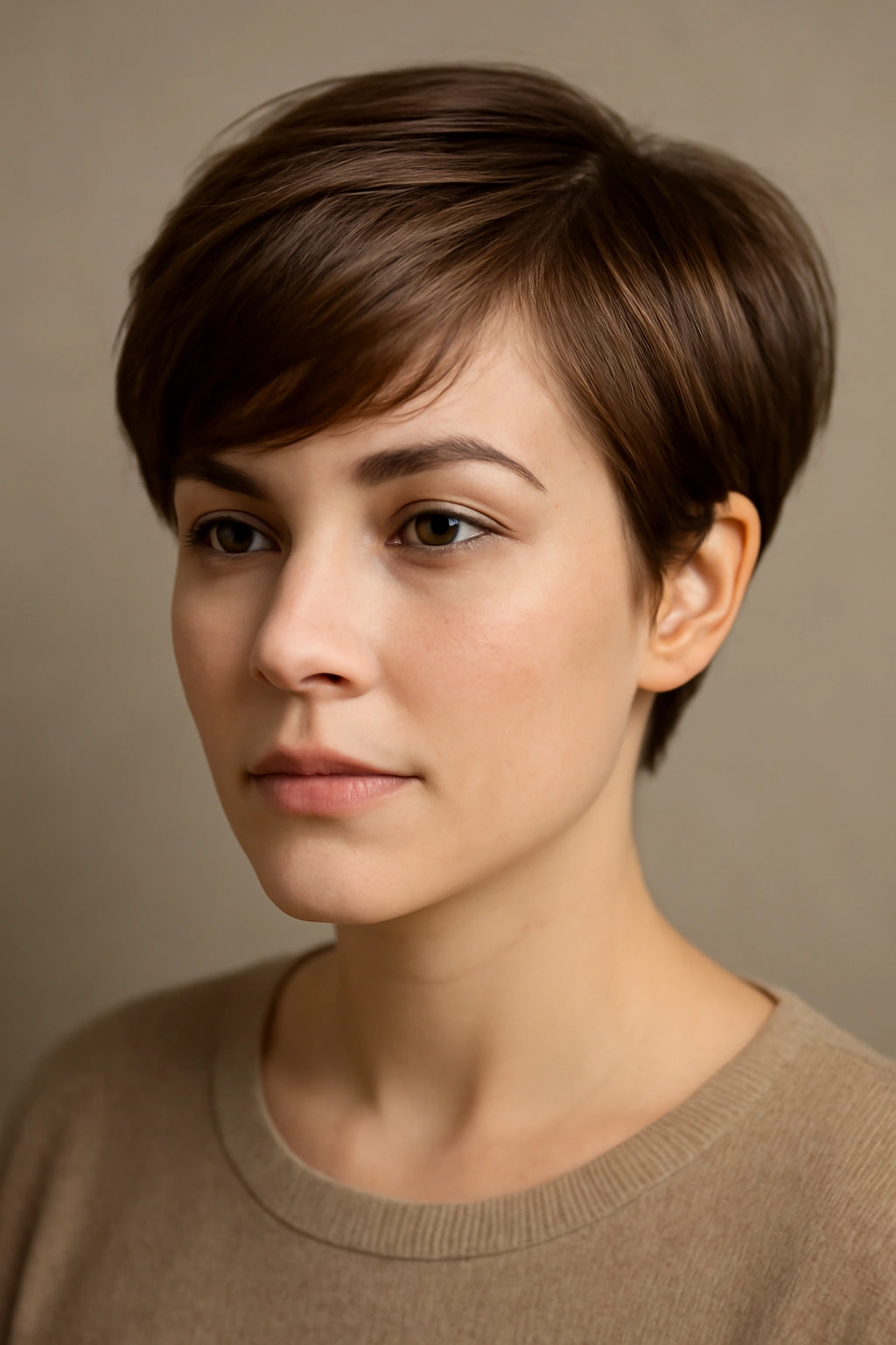 Rounded pixie cut with side-swept styling and soft silhouette