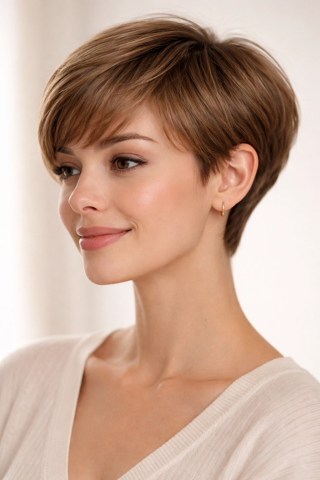 Three-quarter view of The Rounded Pixie with Soft Edges hairstyle on a model in studio