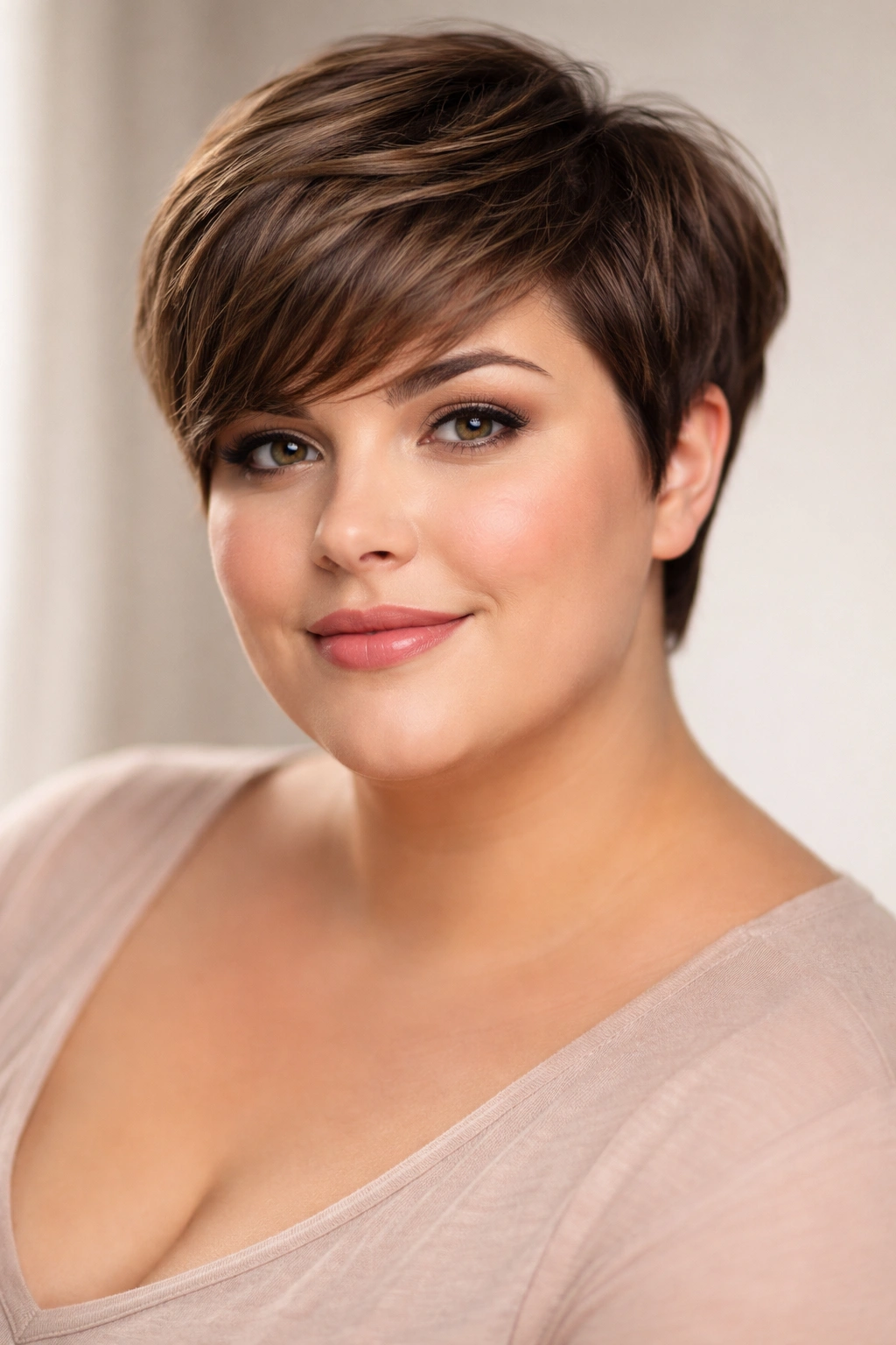 Close-up of a model with a rounded pixie cut and soft styling