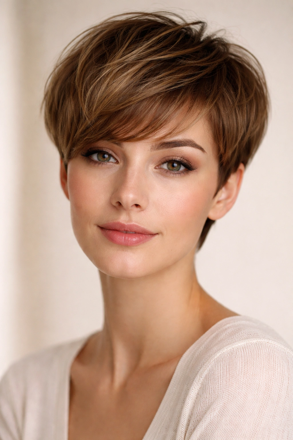 Model with rounded pixie cut featuring longer top length